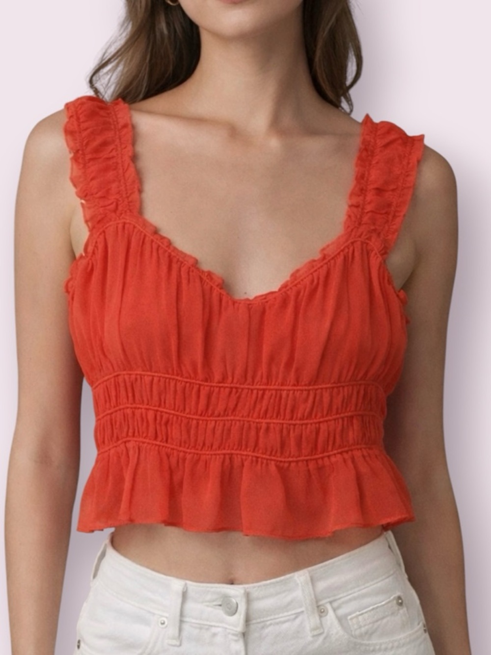 ASTR The Label Shirred Crop Chiffon Ruffle Tank Top Red Size Large